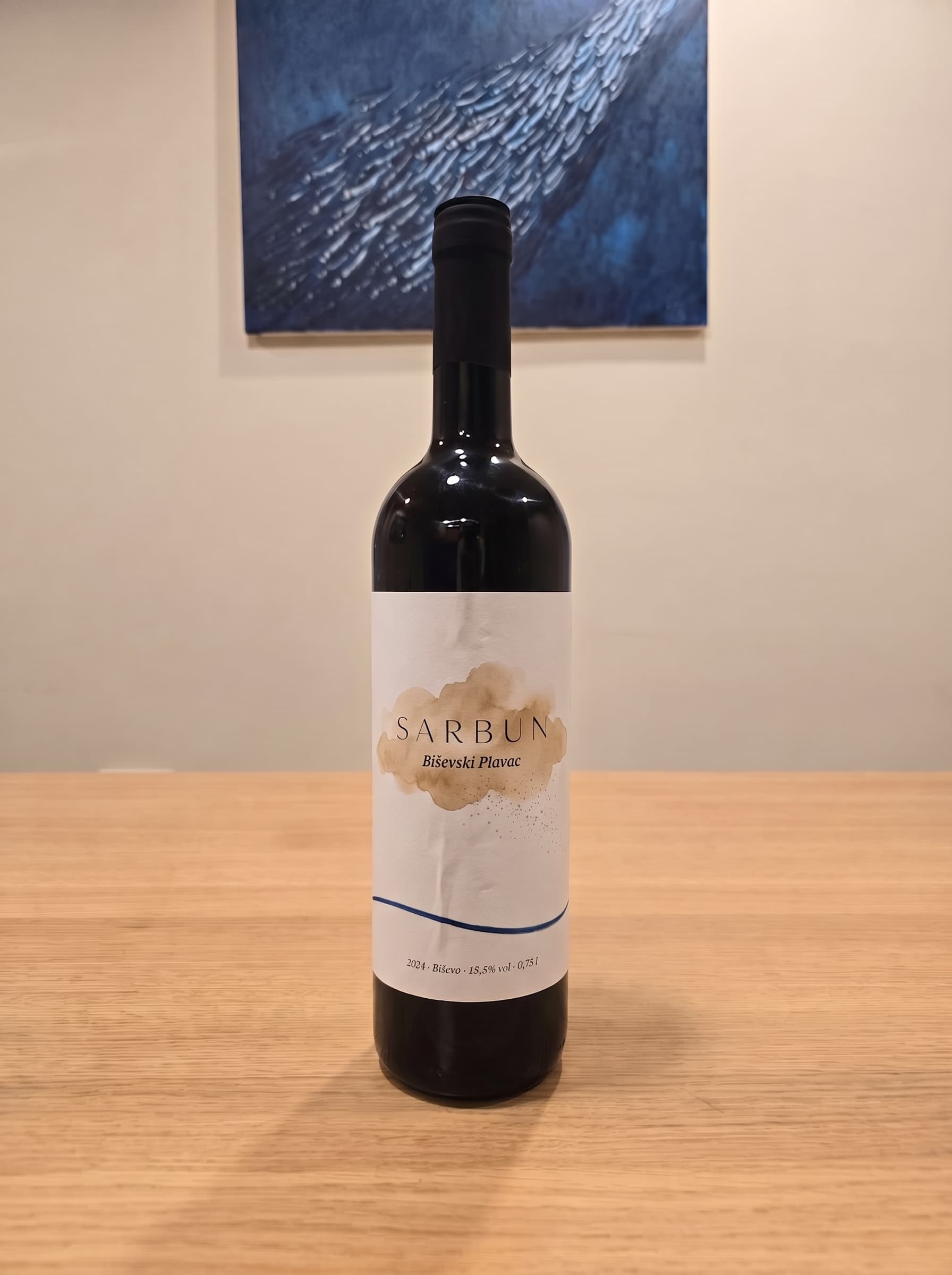 Bottle of Sarbun Biševski Plavac 2024 wearing its watercolor label